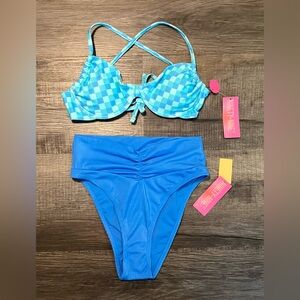 Women’s Blue Checkered Bikini Set, Top Size Small & Bottoms Size XS